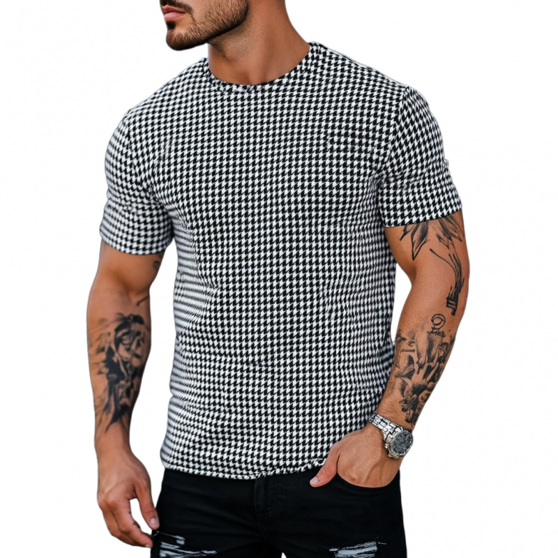 Men's Casual Houndstooth Round Neck Slim Short Sleeve T-Shirt