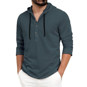 Men's Casual Solid Button Hooded Long Sleeve Shirt