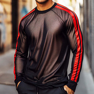 Men's Sports And Casual Sunscreen Mesh Striped Splicing Round Neck Long Sleeve T-Shirt