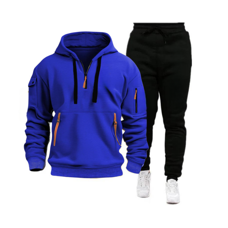 SPORTS HOODIE SET MEN'S MULTI POCKET ZIPPER HOODED SWEATSHIRT SPORTS SUIT SET