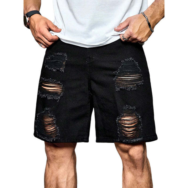 Men's Summer Loose Black Ripped Denim Shorts