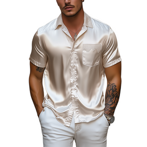 Men's Spring And Summer Fashion Pocket Lace Stitching Satin Short Sleeve Shirt