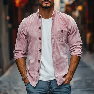 Men's Spring Fashion Casual Stand Collar Embroidered Suede Long Sleeve Shirt