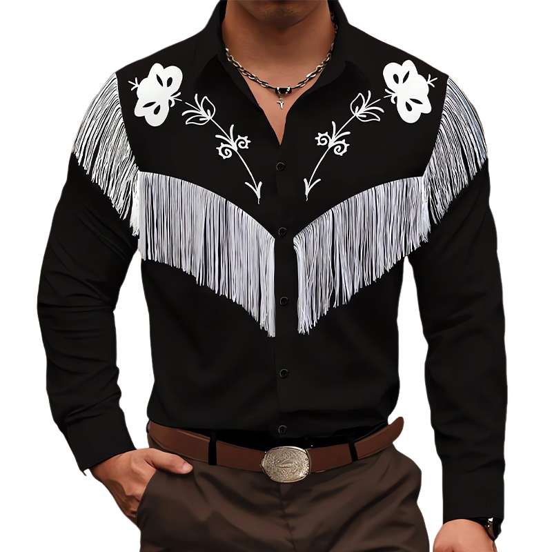 Herren-Langarmhemd aus Baumwolle mit bestickter Quaste im Vintage-Stil