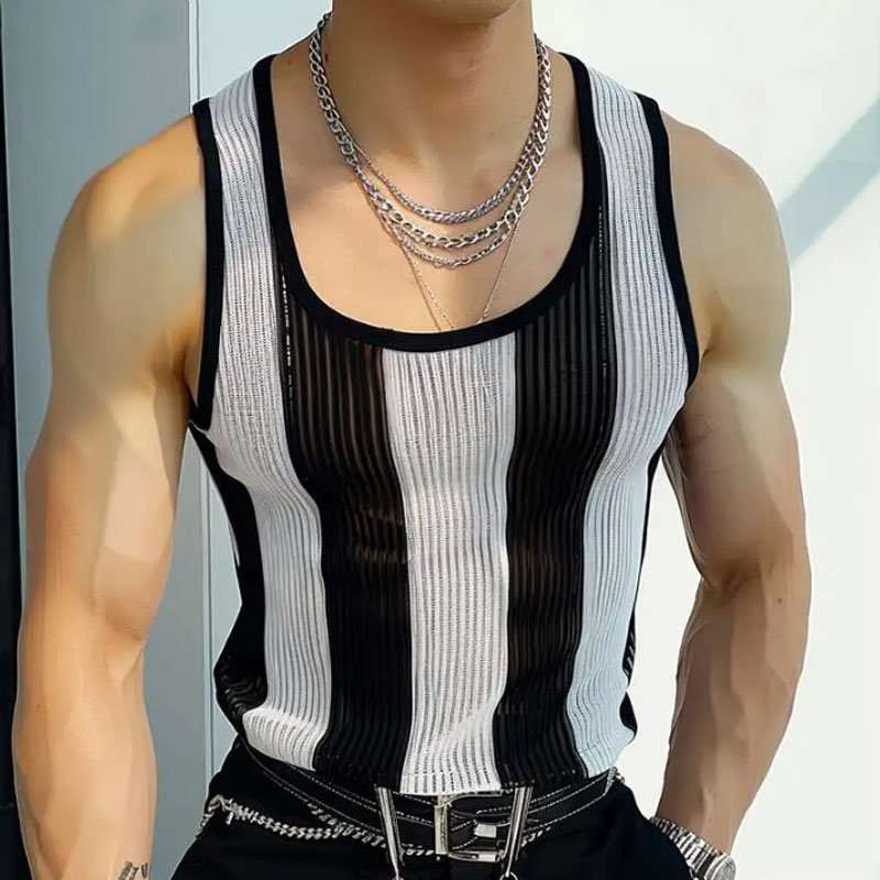Lässiges Herren-Strick-Tanktop mit Kontraststreifen und U-Ausschnitt in Slim Fit