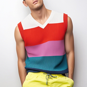 Men's Casual V Neck Contrast Color Striped Soft Knitted Tank Top