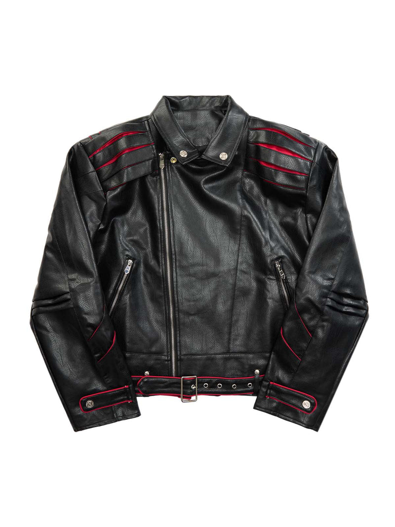 Paneled Spine Pleated Cropped Leather Biker Jacket