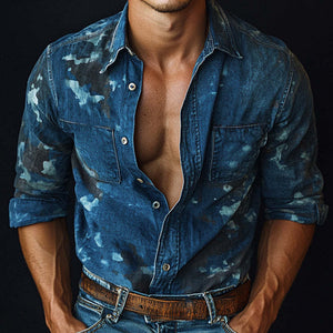 Dunkelblaues Denim-Shirt mit Aufdruck für Herren im Frühling und Herbst