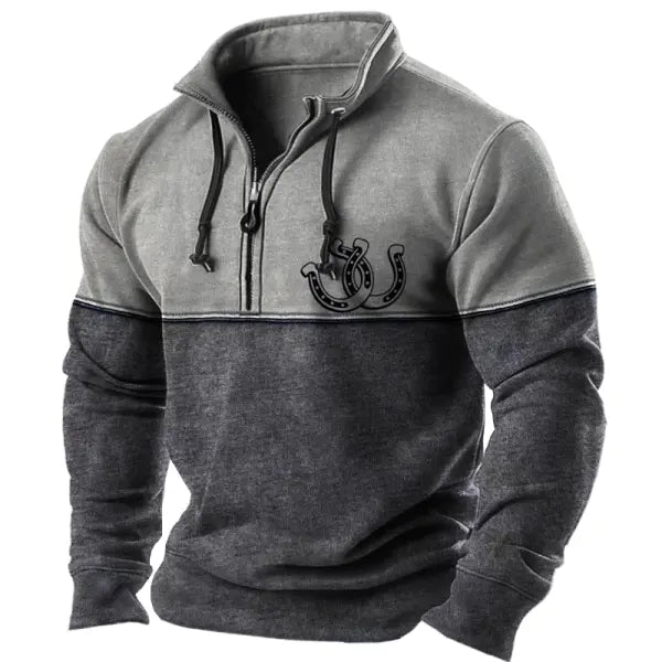 Men's Vintage Quarter Zip Patchwork Drawstring Horseshoe Western Sweatshirt