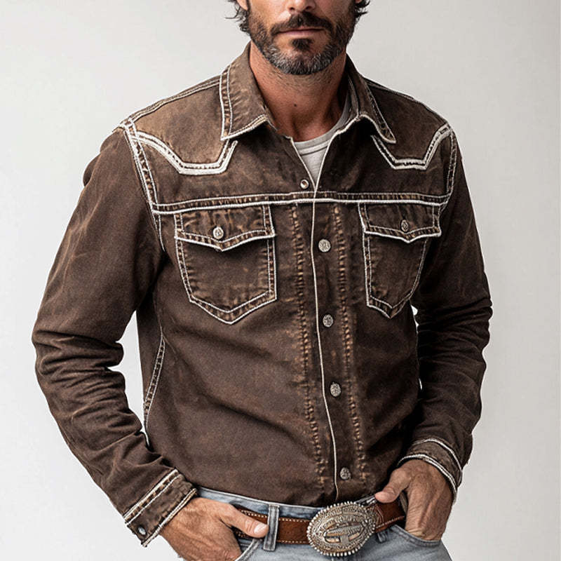Herren Vintage Coffee Washed Denim Langarmhemd