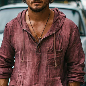 Herren-Vintage-Kapuzenpullover aus Baumwolle und Leinen mit Brusttasche