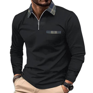 Men's Plaid Printed Stitching Zipper Lapel Pocket Long Sleeve Polo Shirt