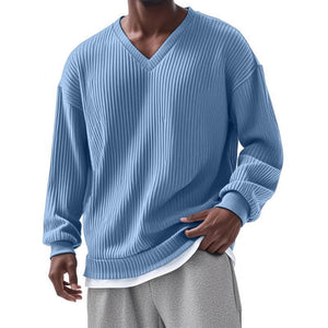 Men's Casual V-neck Striped Loose Long Sleeve T-shirt