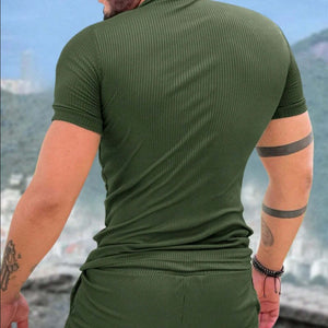 Men's Striped Textured Shorts Short Sleeve Two-Piece Set