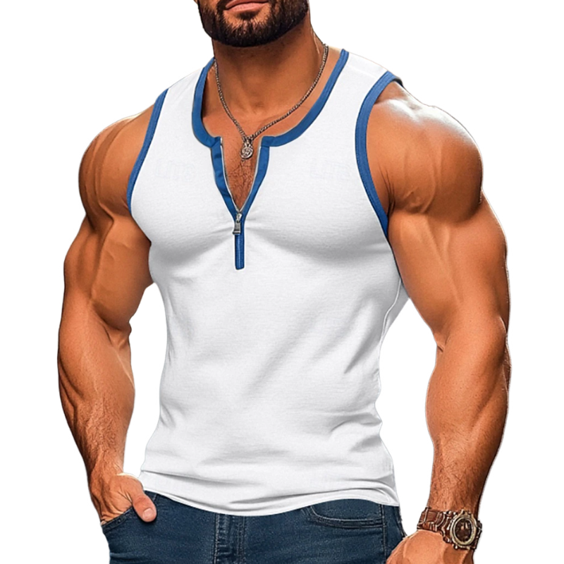 Men's Casual Color Block Cotton Patchwork Zipper Collar Slim Fit Tank Top