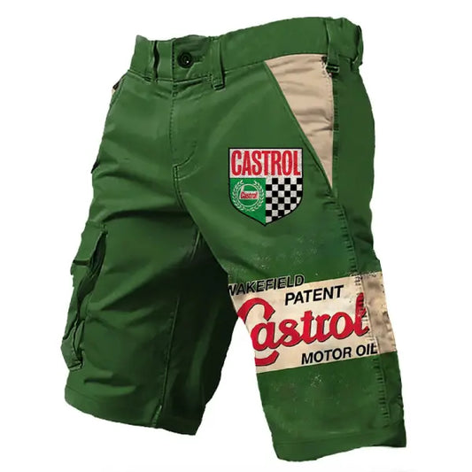 Men's Castrol Motor Oil Cargo Shorts Vintage Distressed Utility Outdoor Shorts