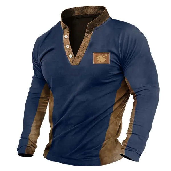 Men's T-Shirt Henley Vintage Moose Color Block Long Sleeve Outdoor Daily Tops