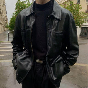 Herren Retro Casual Einfarbige Revers Lederjacke