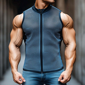 Men's Retro Casual Mesh Fabric Elastic Stand Collar Zipper Sports Tank Top