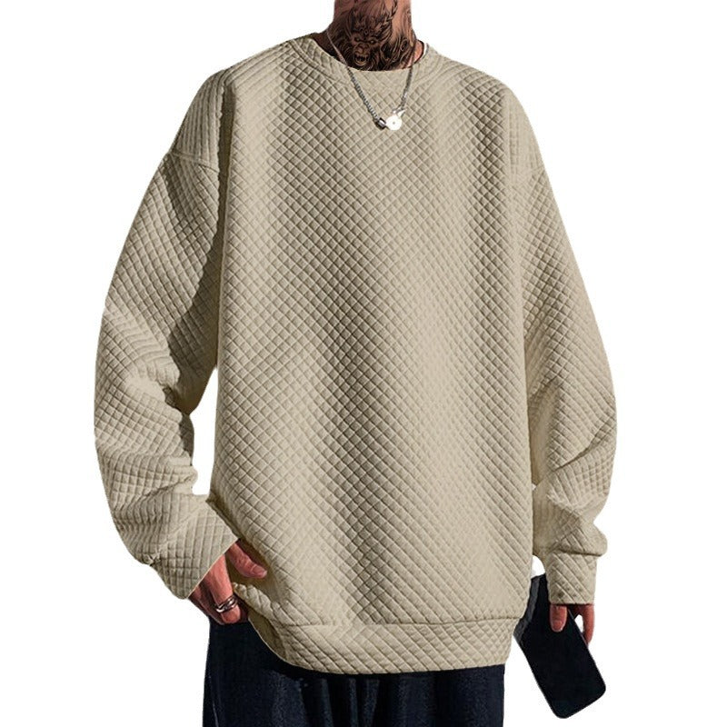 SMALL GRID ROUND NECK PULLOVER CASUAL LOOSE KNITTED LONG SLEEVED TOP FOR MEN