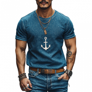 Men's Casual Denim Anchor Print Round Neck Slim Fit Short Sleeve T-shirt