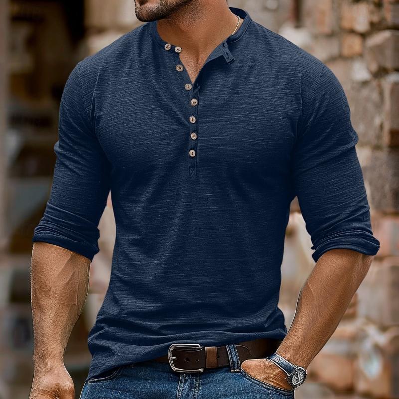 Lässiges Langarm-T-Shirt mit Henley-Kragen und mehreren Knöpfen für Herren