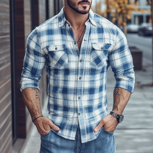 Men's Casual Cotton Plaid Lapel Chest Pocket Slim Fit Long Sleeve Shirt