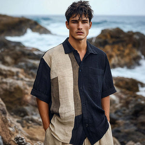 Men's Casual Skin-friendly Color Matching Ice Silk Wrinkled Short-sleeved Shirt