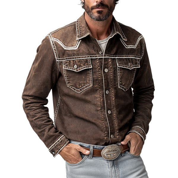 Herren Vintage Coffee Washed Denim Langarmhemd
