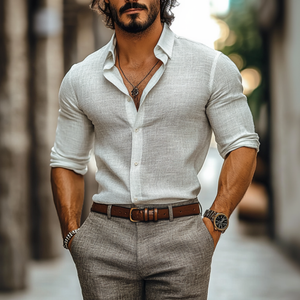 Herren-Langarmhemd mit Revers, einreihig, Slim Fit, Baumwolle und Leinen