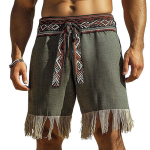 Men's Summer Cotton And Linen Embroidered Tassel Shorts