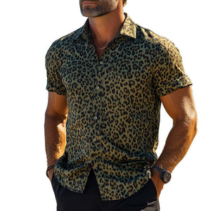 Men's Vintage Leopard Print Cotton And Linen Short Sleeve Shirt