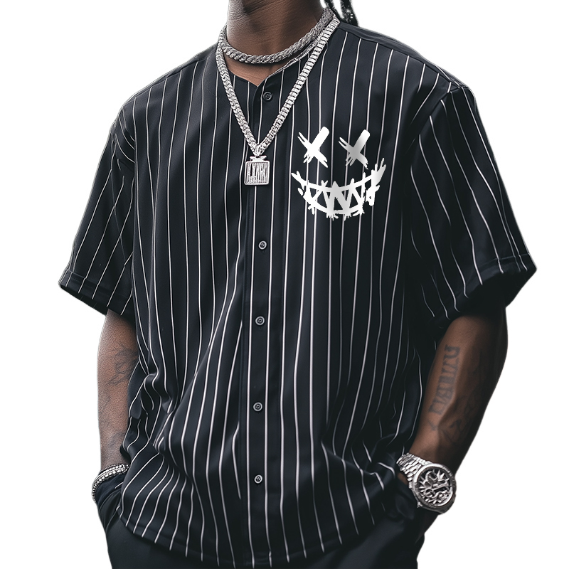 Men's Retro Casual Striped Smiley Face Hip Hop Baseball Button Short Sleeve T-Shirt