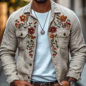 Men's Casual Linen Embroidered Lapel Chest Pocket Slim Fit Shirt Jacket
