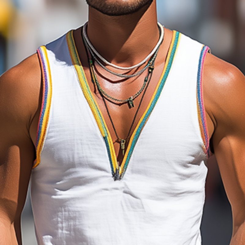 Lässiges Tanktop aus Baumwolle und Leinen mit tiefem V-Ausschnitt und buntem Band für Herren