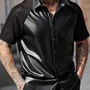 Men's Lace Panel Short Sleeve Leather Shirt