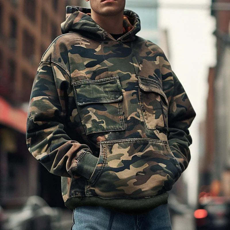 Men's Vintage Camouflage Printed Flap Pocket Long-Sleeved Hoodie