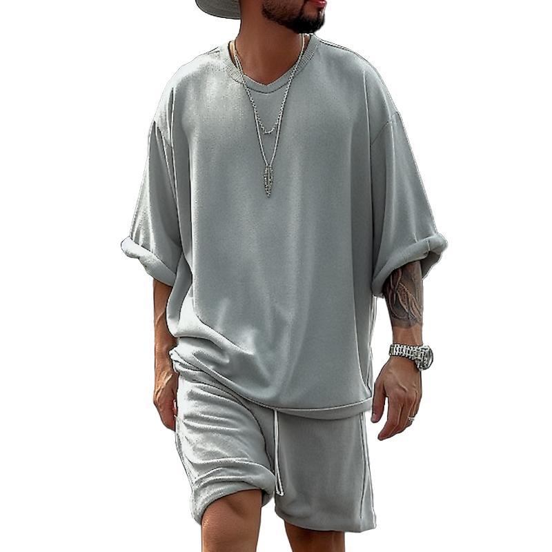 Men's Solid Loose V Neck Short Sleeve T-shirt Shorts Casual Set