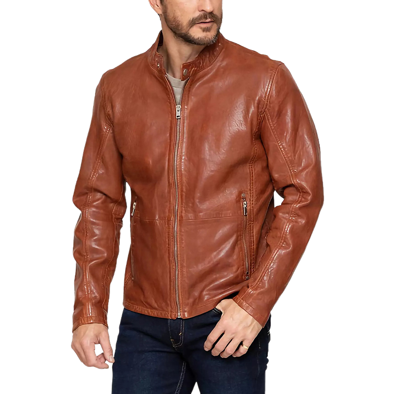 Men's Vintage Orange Snap Collar Zipper Leather Jacket