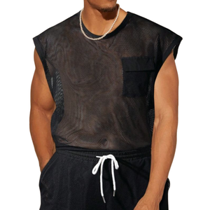 Men's Casual Mesh Spliced Chest Pocket Loose Round Neck Tank Top