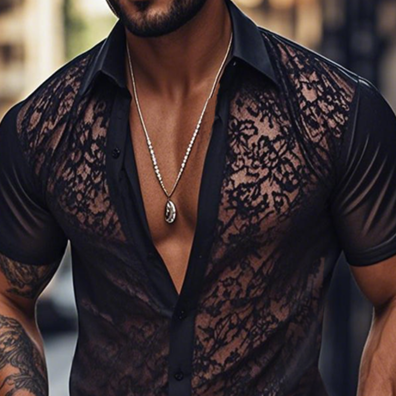 Herren Frühlingsmode Sexy Spitze Slim Schwarz Kurzarmhemd