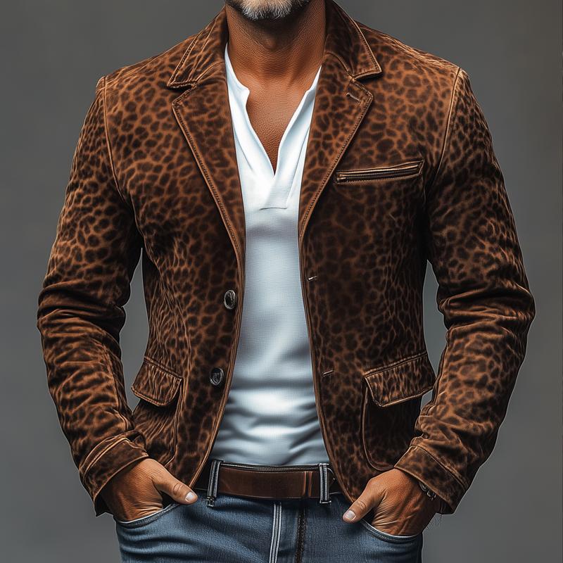 Herren-Blazer im Vintage-Stil aus Wildleder mit Leopardenmuster und Revers, mehrere Taschen, einreihig