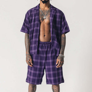 Men's Casual Sports Check Print Linen Shirt Two-Piece Set