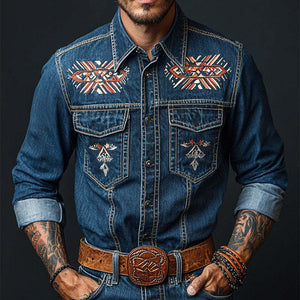 Herren Retro Casual Ethno-Stil Bedrucktes Denim-Revers-Langarmhemd