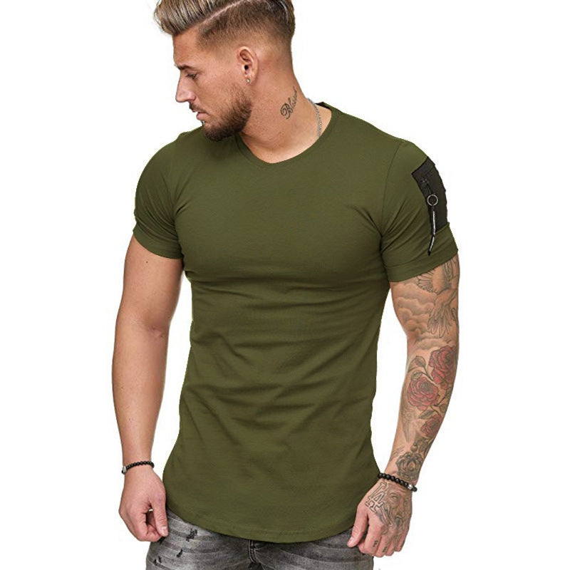 SHOULDER POCKET PATCHWORK MEN'S CASUAL SPORTS T-SHIRT