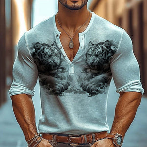 Men's Tiger Print Henley Neck Long Sleeve T-Shirt