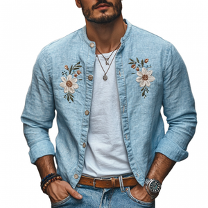 Men's Casual Linen Floral Embroidery Stand Collar Slim Fit Long Sleeve Shirt