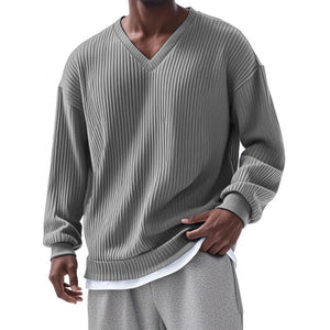 Men's Casual V-neck Striped Loose Long Sleeve T-shirt
