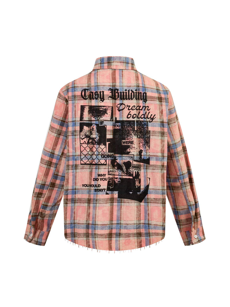 Lettering Print Raw Edge Plaid Shirt