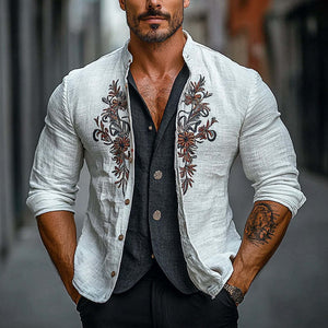 Men's Stand Collar Floral Embroidery Single Breasted Jacket